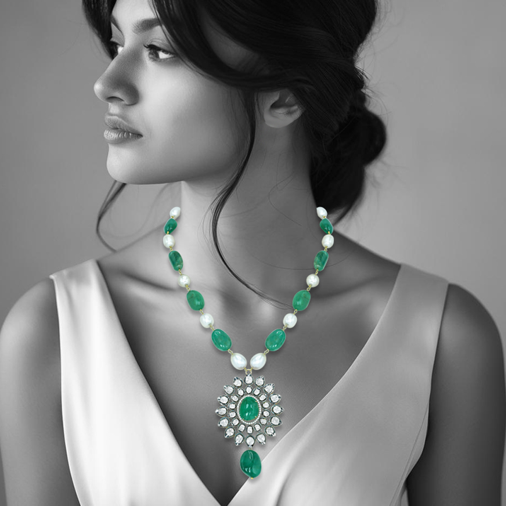 Emerald Cabochon Polki Necklace with Emerald and Pearl Strand